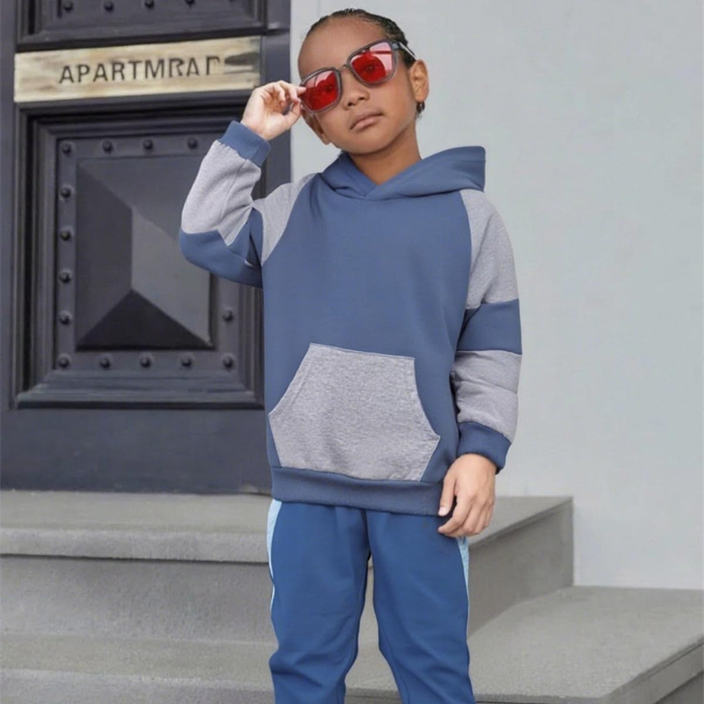 5-11Y Boys Clothes Long Sleeve Hooded Pullover Colorblock Sweatshirt + Pants 2pcs Fall Winter Outfit Set
