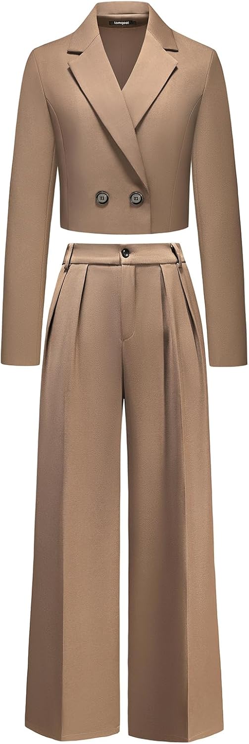 Lamgool Women's Suit 2 Piece Casual Outfits Cropped Blazer High Waisted Wide Leg Pants for Work