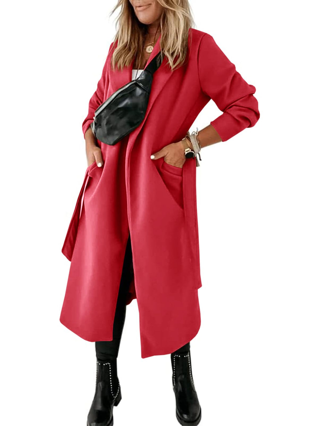 Womens Classic Coat Lapel Collar Open Front Belted Long Jacket