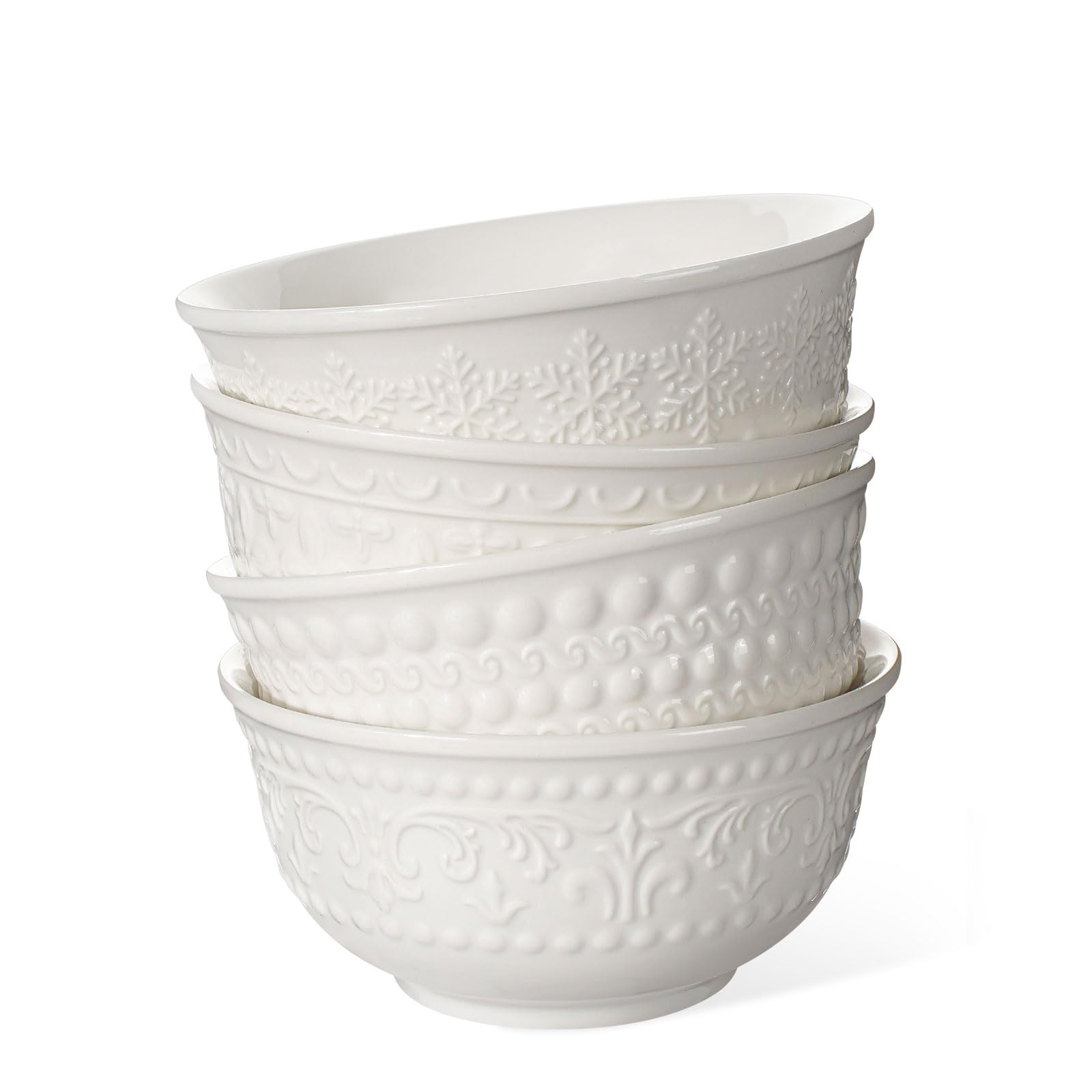 Large Salad Bowls Set of 4, 60oz White Serving Bowls Deep Deep Embossed Ceramic Mixing Bowl for Soup Kitchen, Eating, Ramen, Pasta, Dishwasher & Microwave Safe 8 inch (Multiple Patterns)