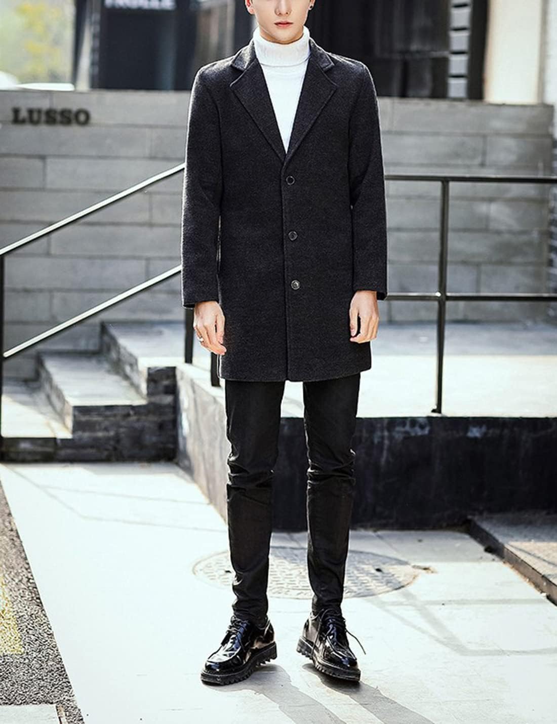 Springrain Men's Wool Blend Pea Coat Notched Collar Single Breasted Overcoat Warm Winter Trench Coat