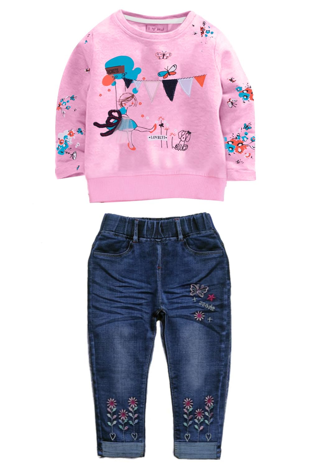 LUKYCILD Toddler Girl Clothes Baby Girl Long Sleeve Top + Jeans Pants with Pockets 2 Piece Outfit Cartoon Clothing Set