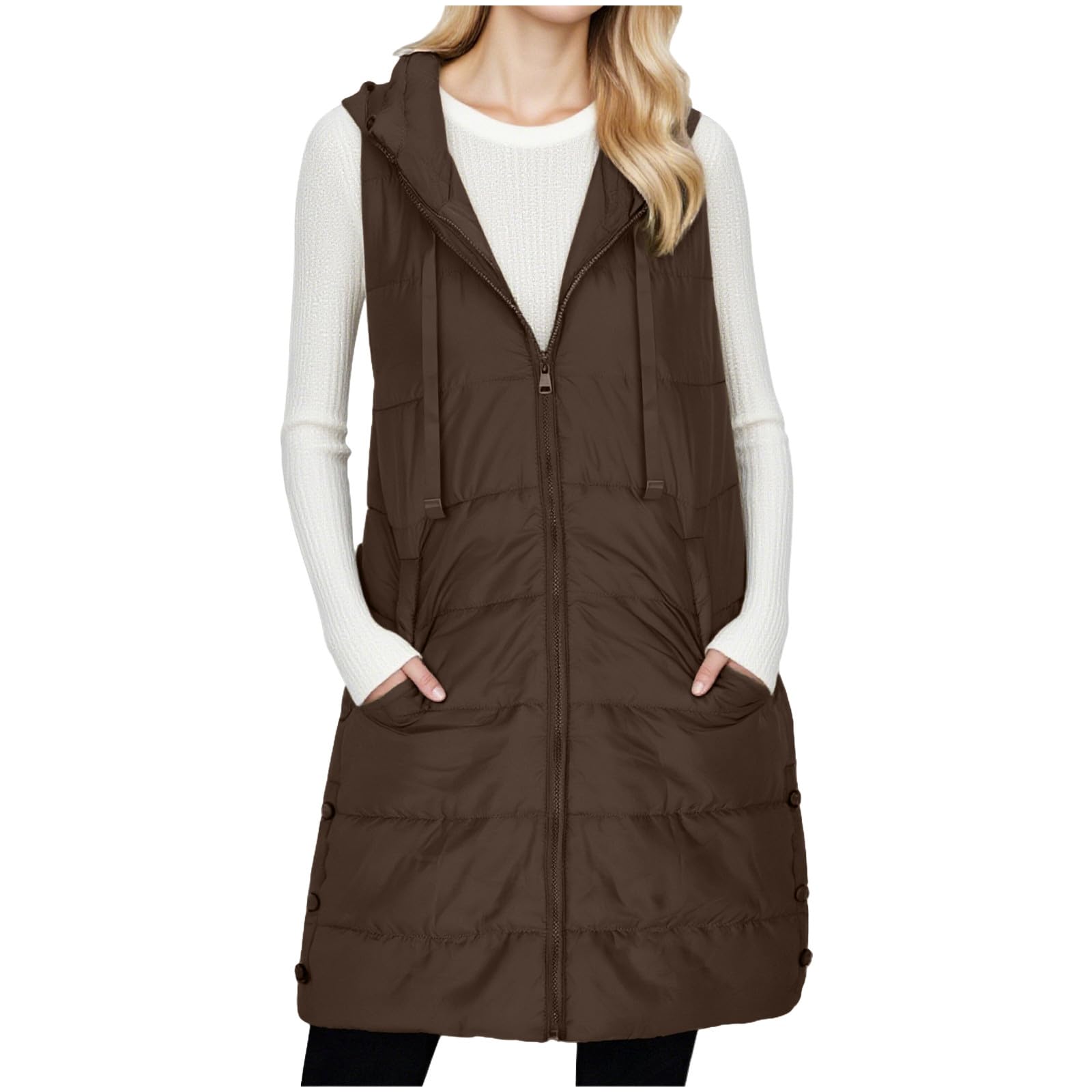 Long Puffer Vest Women Sleeveless Full Zip Up Puffy Jackets Quilted Padded Fall Coats Winter Outerwear
