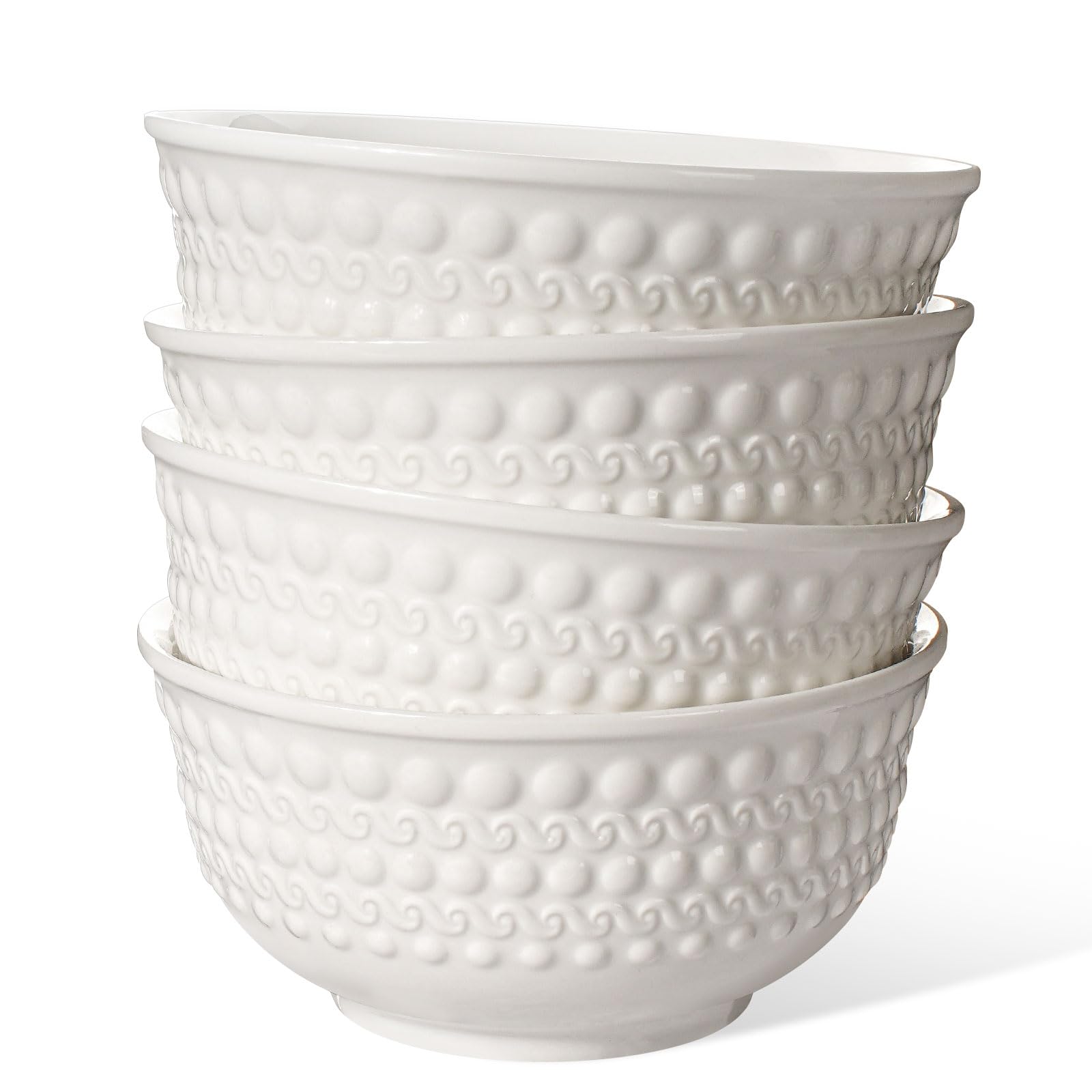 Large Salad Bowls Set of 4, 60oz White Serving Bowls Deep Deep Embossed Ceramic Mixing Bowl for Soup Kitchen, Eating, Ramen, Pasta, Dishwasher & Microwave Safe 8 inch (Multiple Patterns)