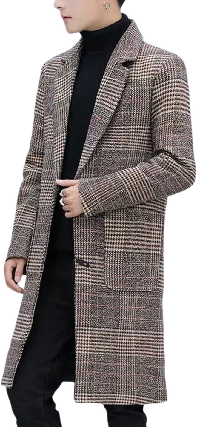 Springrain Men's Wool Blend Pea Coat Notched Collar Single Breasted Overcoat Warm Winter Trench Coat