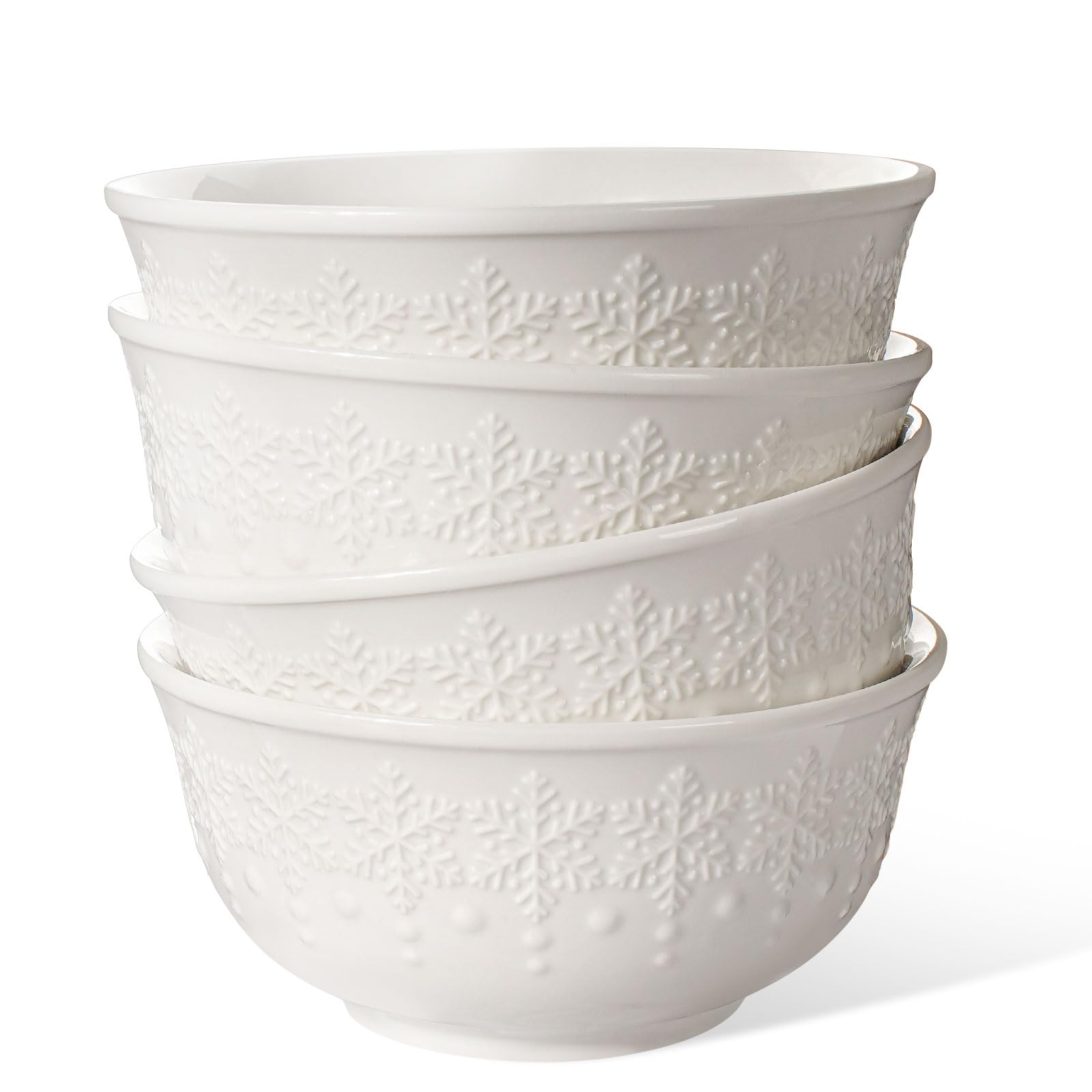 Large Salad Bowls Set of 4, 60oz White Serving Bowls Deep Deep Embossed Ceramic Mixing Bowl for Soup Kitchen, Eating, Ramen, Pasta, Dishwasher & Microwave Safe 8 inch (Multiple Patterns)