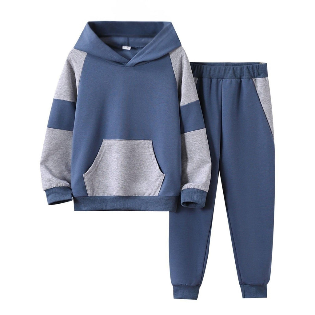 5-11Y Boys Clothes Long Sleeve Hooded Pullover Colorblock Sweatshirt + Pants 2pcs Fall Winter Outfit Set