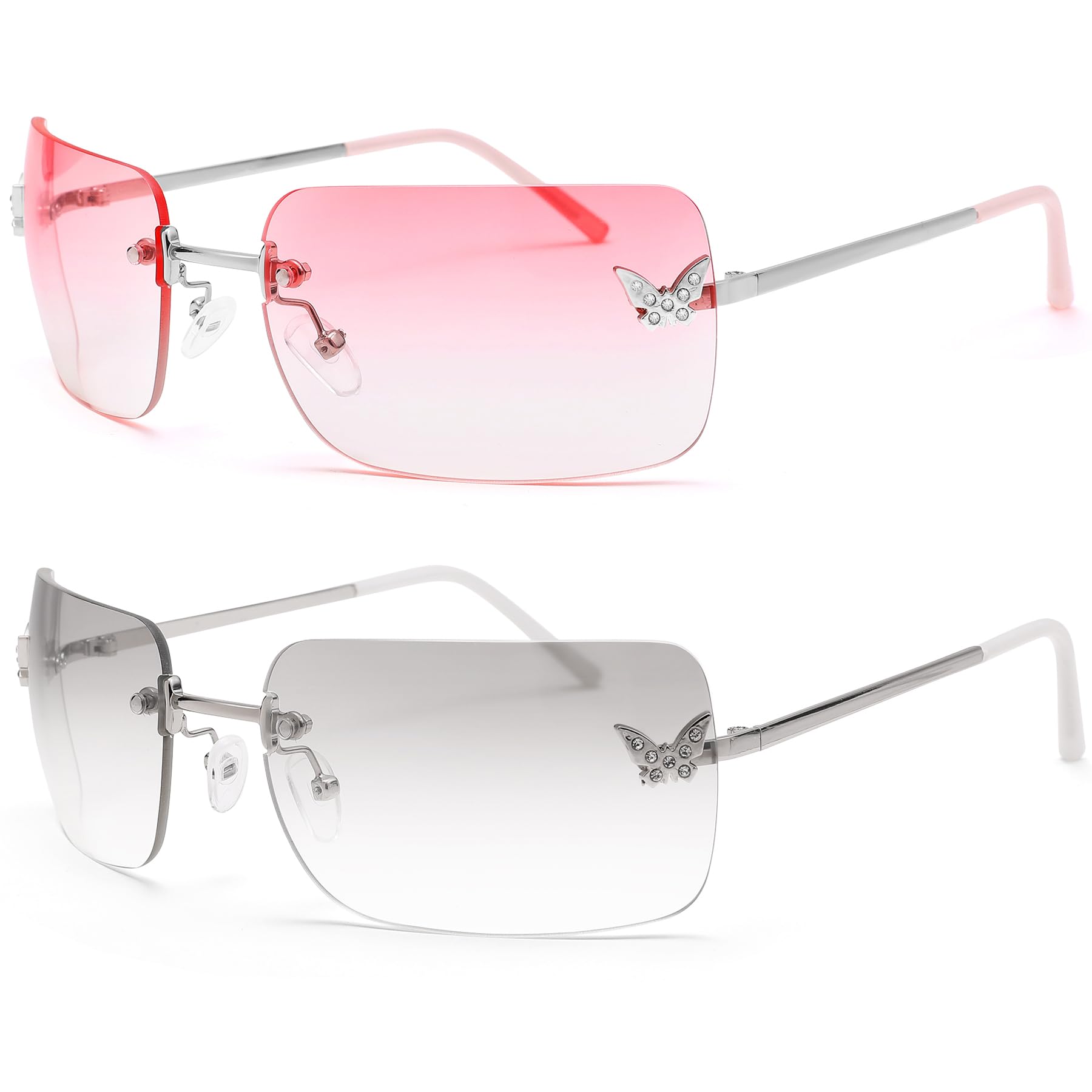 Rectangle Rimless Sunglasses for Women Retro Trendy Square Sun Glasses Vintage Shades