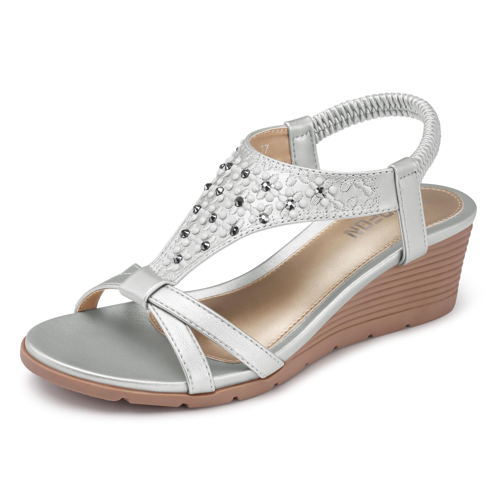 TEMOFON Women's Low Wedge Heels Summer Dressy Platform Sandals Elastic Ankle Strap Open Toe Flower Shoes