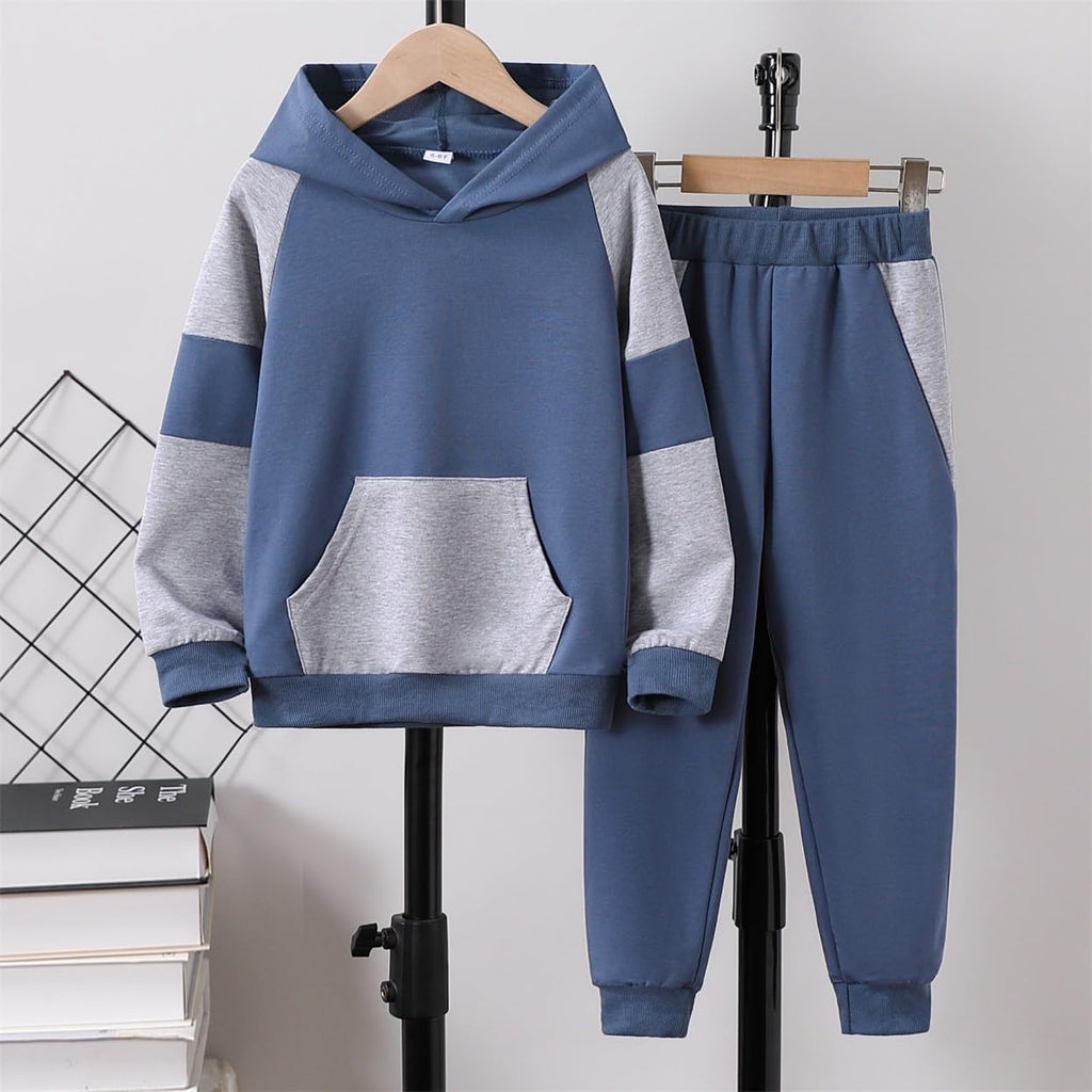 5-11Y Boys Clothes Long Sleeve Hooded Pullover Colorblock Sweatshirt + Pants 2pcs Fall Winter Outfit Set