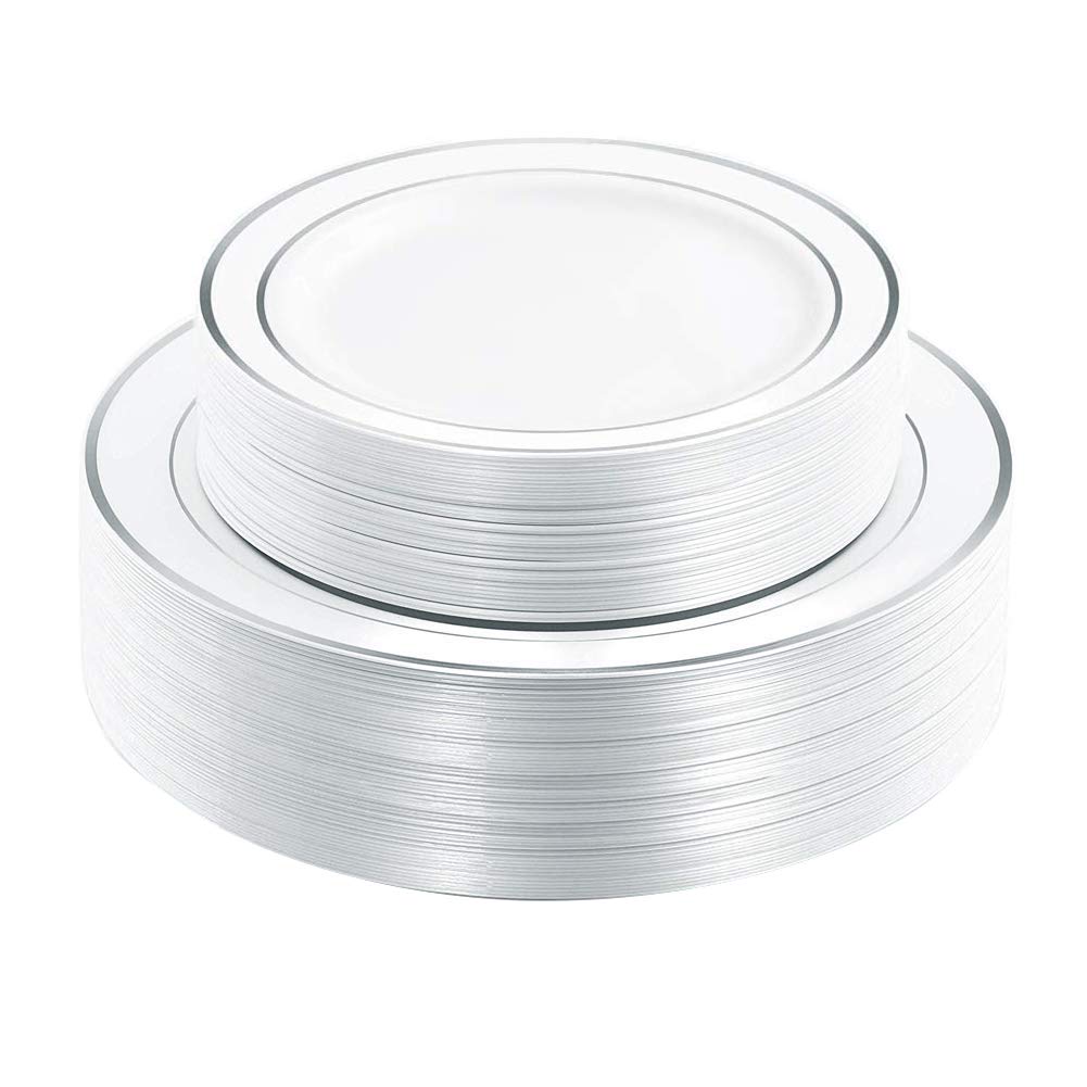 I00000 102 Pieces Gold Plastic Plates, Disposable Party Plates White Gold Rim, 51 Disposable Gold Dinner Plates 10.25 Inch and 51 Disposable Dessert Appetizer Elegant Fancy Wedding Plates 7.5 Inch