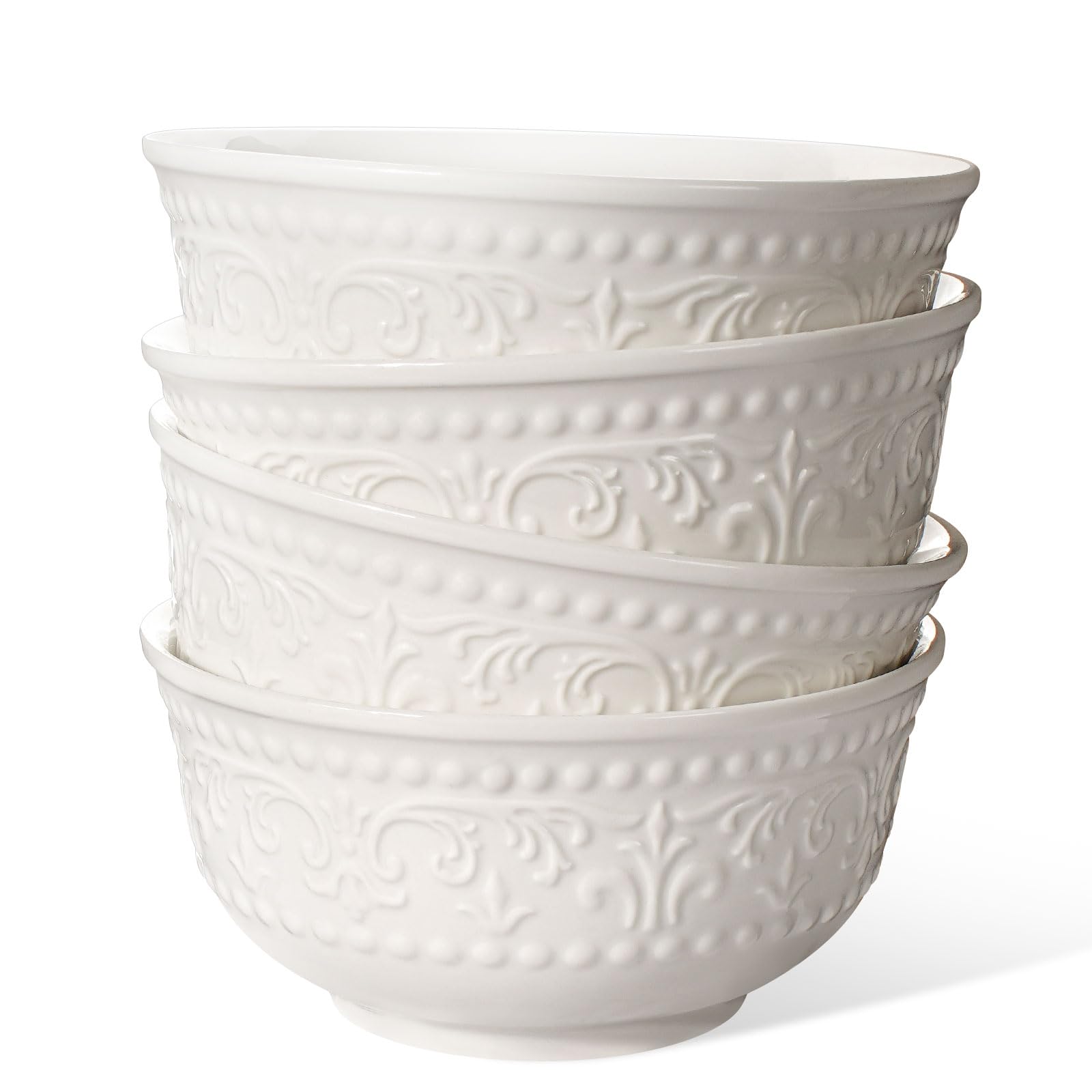 Large Salad Bowls Set of 4, 60oz White Serving Bowls Deep Deep Embossed Ceramic Mixing Bowl for Soup Kitchen, Eating, Ramen, Pasta, Dishwasher & Microwave Safe 8 inch (Multiple Patterns)