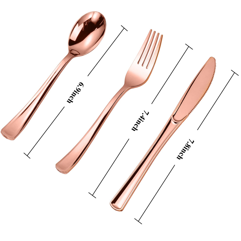 N9R 300PCS Gold Plastic Silverware, Heavy Duty Gold Plastic Cutlery Set Disposable Flatware Dinnerware, 100 Forks, 100 Spoons, 100 Knives, Perfect for Party, Wedding and Daily Use
