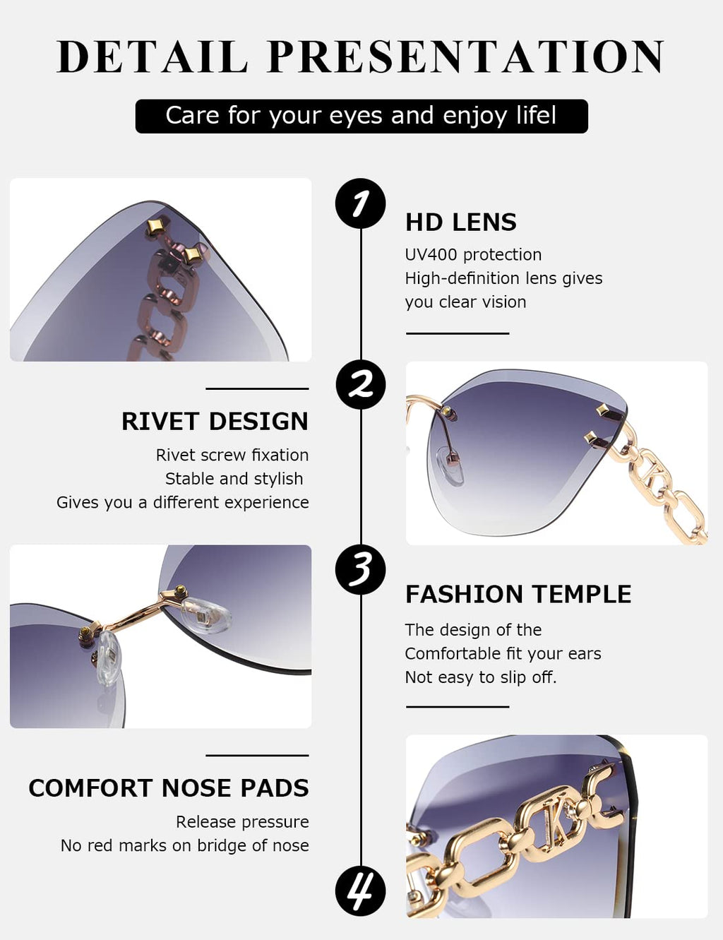 AEVOGUE Sunglasses For Women Oversized Rimless Diamond Cutting Lens Sun Glasses AE0534