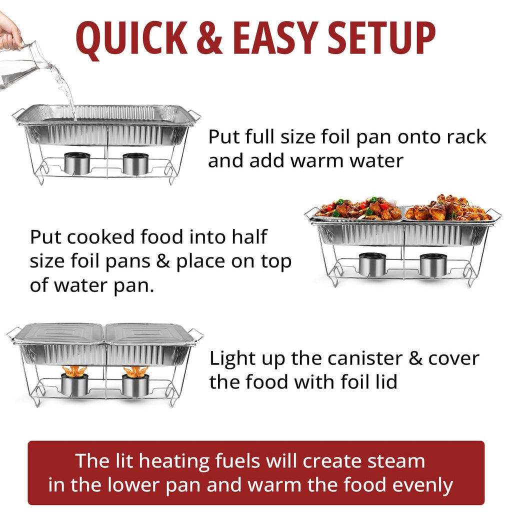 Disposable Chafing Dish Buffet Set, 33 Piece of Chafing Servers with Food Warmers, Covers, Half-Size Food Pans, Water Trays, Serving Utensils, Foil Lids and 4Hr Fuel Cans for Parties, Catering