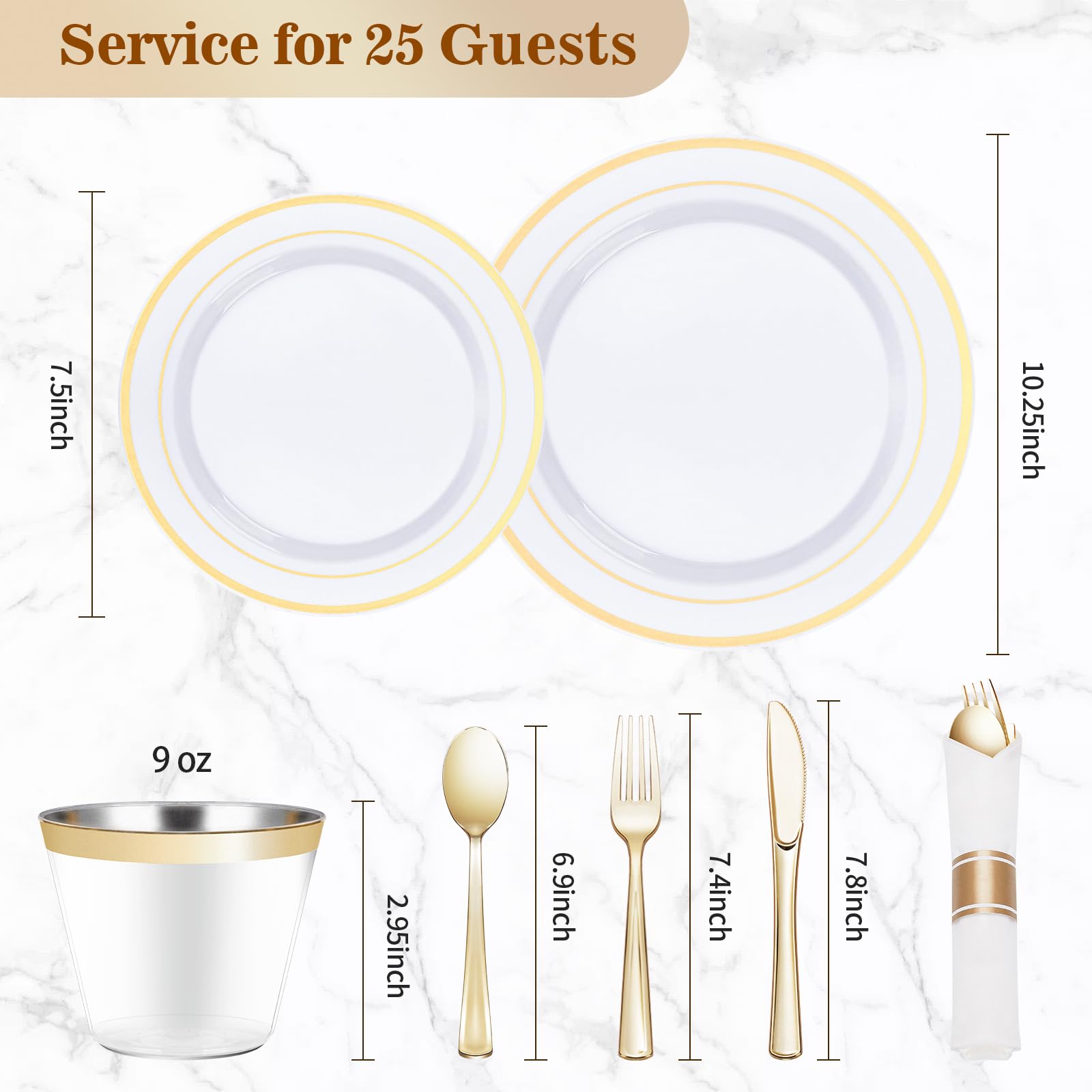 350PCS Gold Plastic Dinnerware Set, Disposable Party Plates for 50 Guests, Include: 100 Plastic Plates, 50 Pre Rolled Napkins with Gold Silverware, 50 Cups