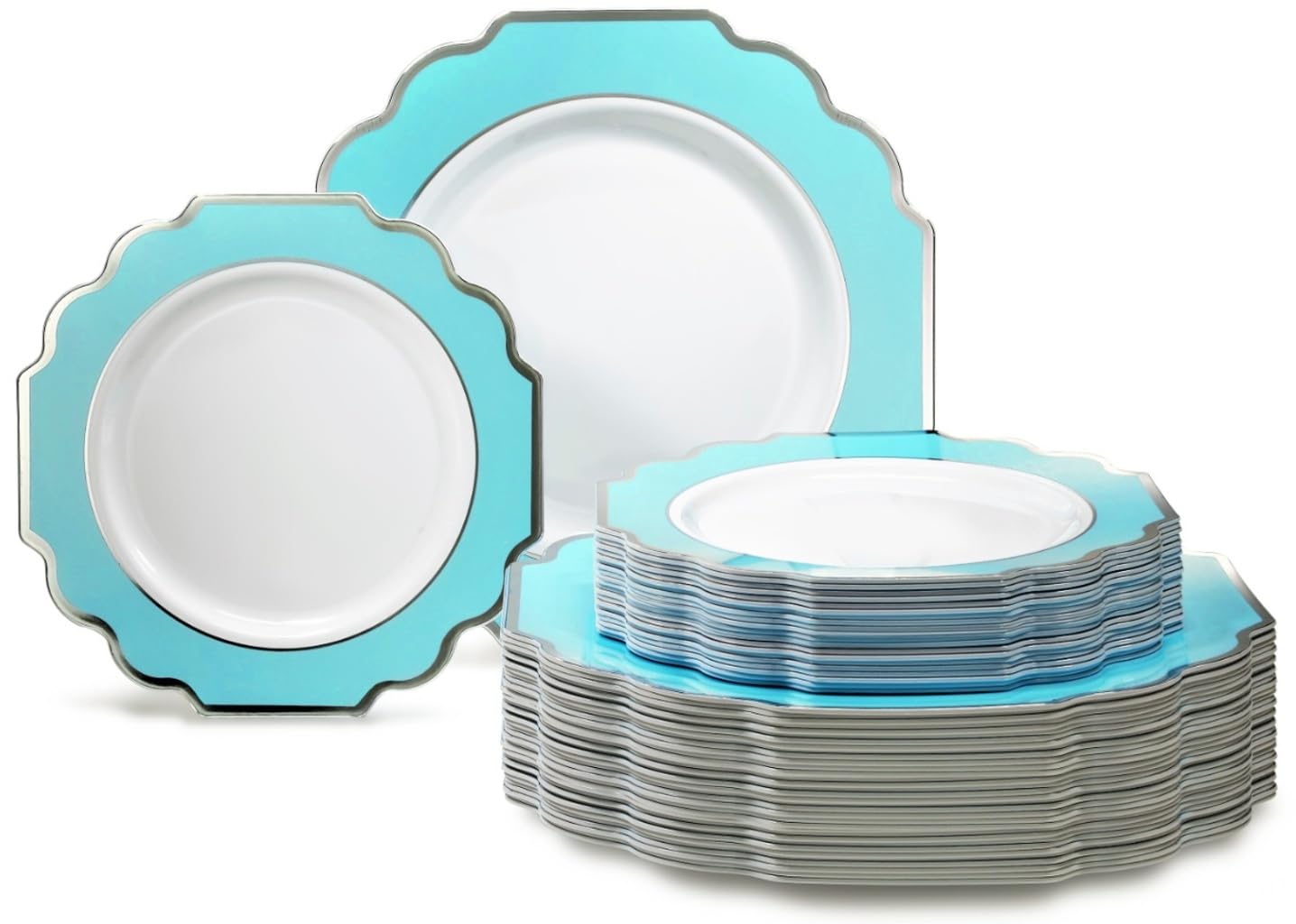 " OCCASIONS " 50 Plates Pack (25 Guests)-Heavyweight Wedding Party Disposable Plastic Plate Set -(25x10.5'' Dinner + 25x8'' Salad/Dessert) (Imperial White & Gold)