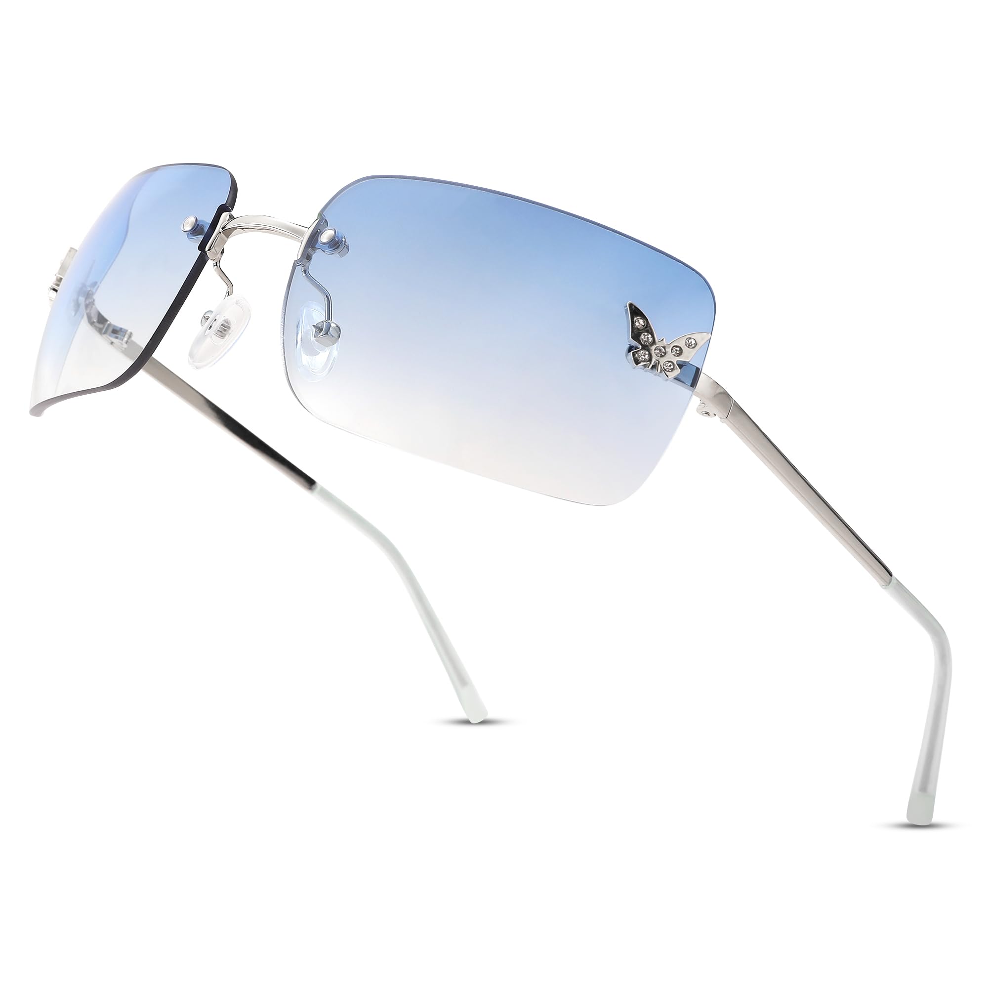 Rectangle Rimless Sunglasses for Women Retro Trendy Square Sun Glasses Vintage Shades