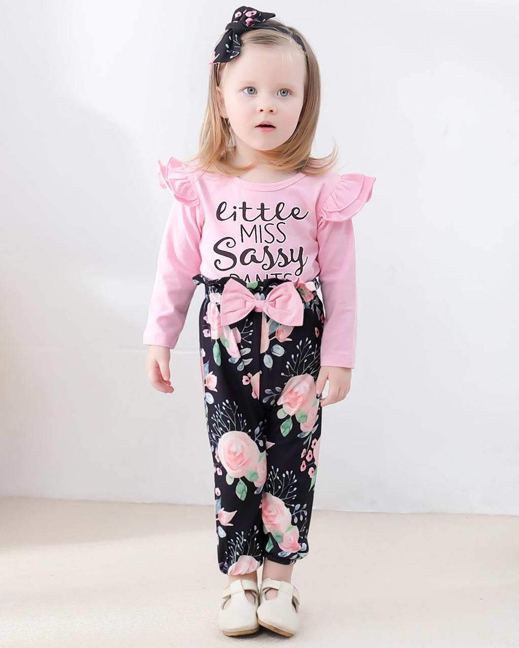 YALLET 3Pcs Toddler Girl Clothes Solid Color Long Sleeves Ruffle Top+Floral Pants+Headband 1-6 Years Fall/Winter Outfits Set