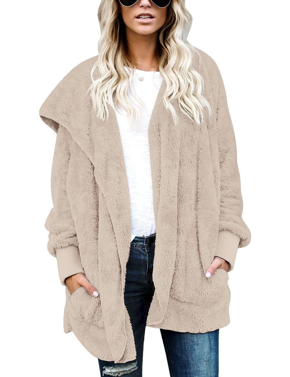 CHICGAL Womens Fuzzy Jacket Hooded Cardigan Open Front Sherpa Coat Outwear with Pockets