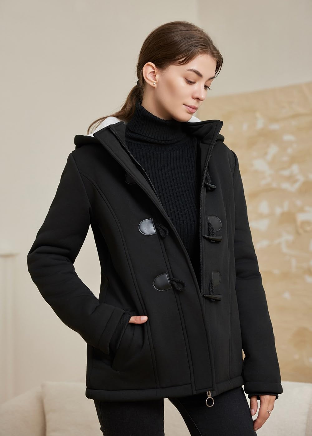 JiangWu Womens Fashion Horn Button Fleece Thicken Coat with Hood Winter Warm Jacket