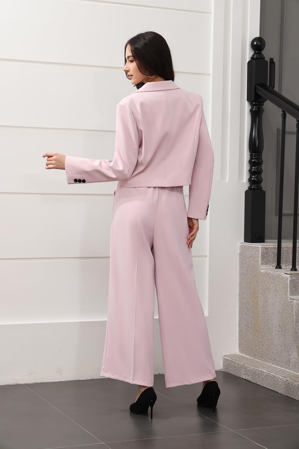 Lamgool Women's Suit 2 Piece Casual Outfits Cropped Blazer High Waisted Wide Leg Pants for Work