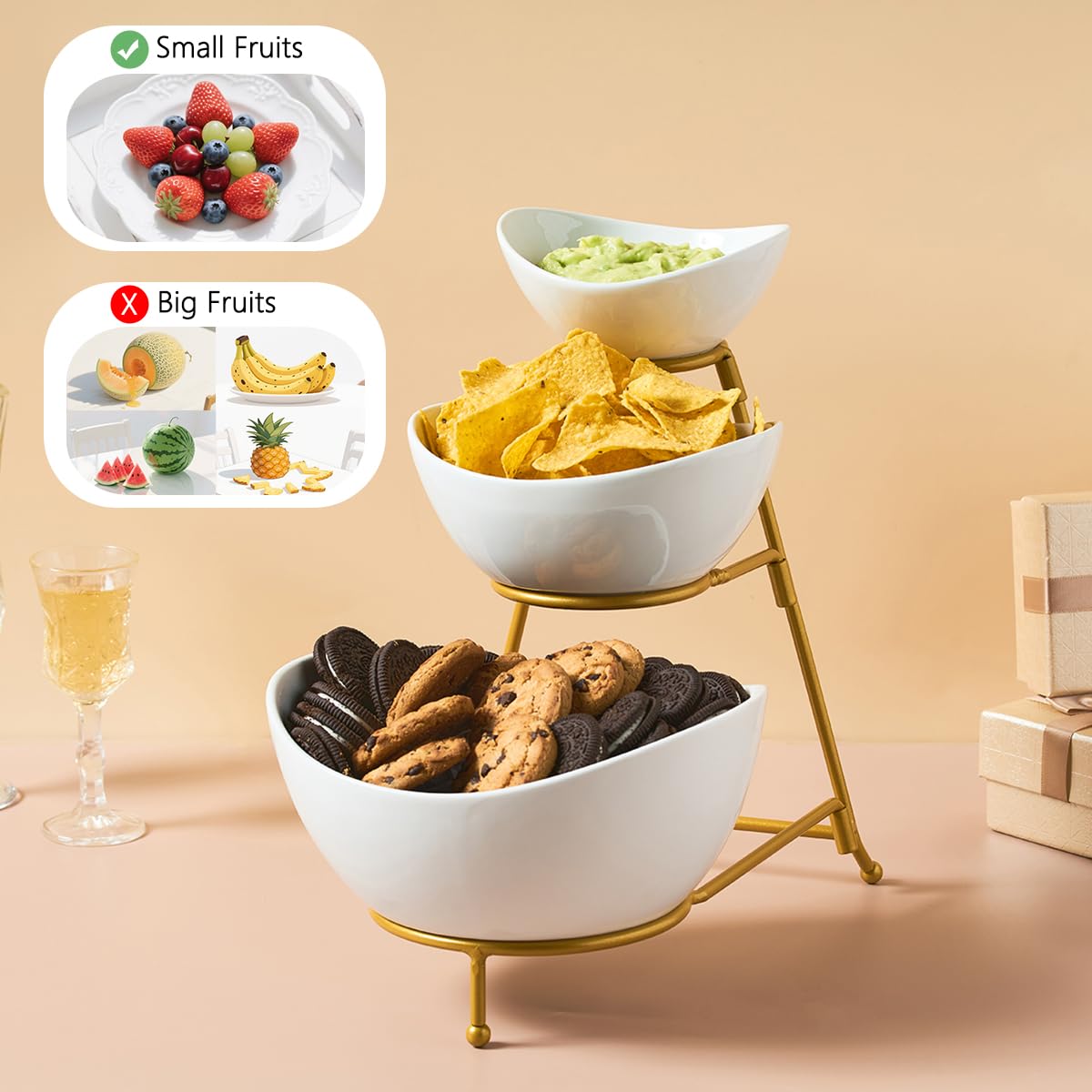 LYEOBOH 3 Tier Serving Bowls Set with Collapsible Thicker Metal Stand, Oval Serving Dishes for Entertaining Tiered Serving Stand for Fruit, Dessert, Candy, Chip and Dip (Black)