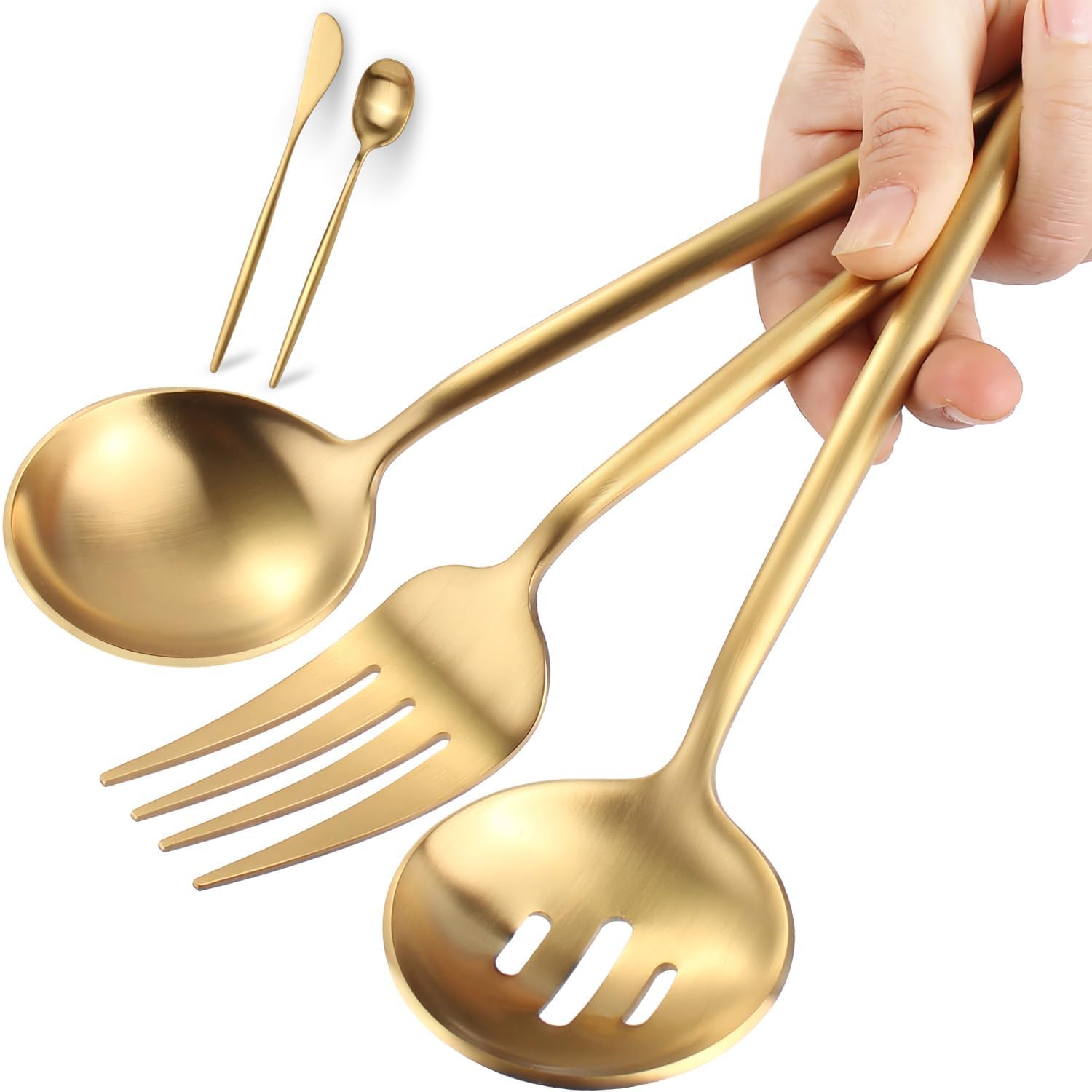 Gold Stainless Steel Serving Utensils Set, 5 Pcs - 10.8 Inch Serving Fork, 10.3 Inch Slotted Spoon, Sugar Spoon, Butter Knife for Buffet