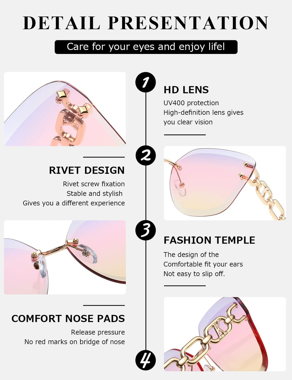 AEVOGUE Sunglasses For Women Oversized Rimless Diamond Cutting Lens Sun Glasses AE0534