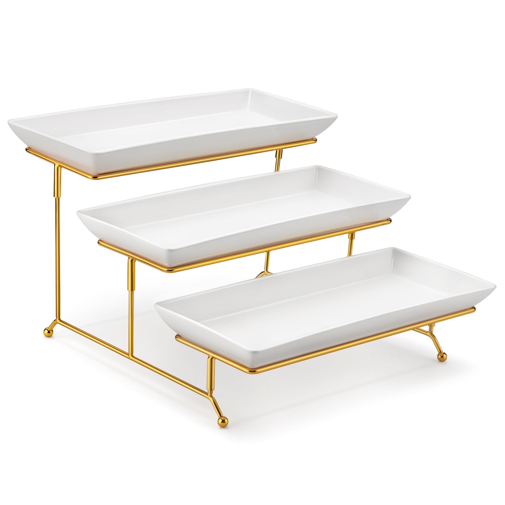 MALACASA 3 Tier Serving Trays for Party, Porcelain Serving Platters and Trays, 12 Inch Tiered Tray Stand, Fruit Tray, Trays for Serving Food, White Dessert Stand with Collapsible Sturdier Metal Rack