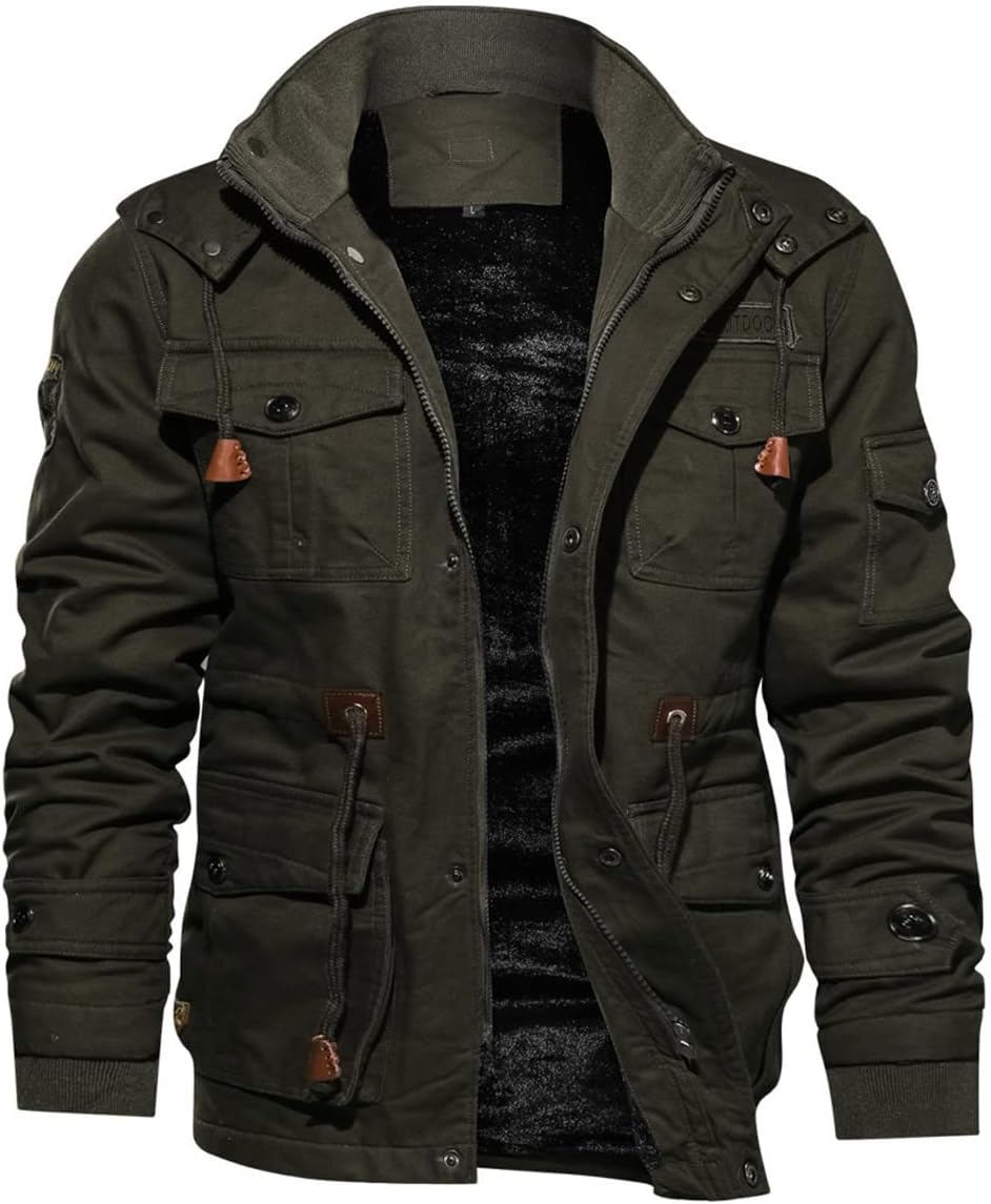 TACVASEN Men's Winter Jacket Cotton Military Jackets Fleece Lined Thick Work Warm Cargo Coats with Hooded