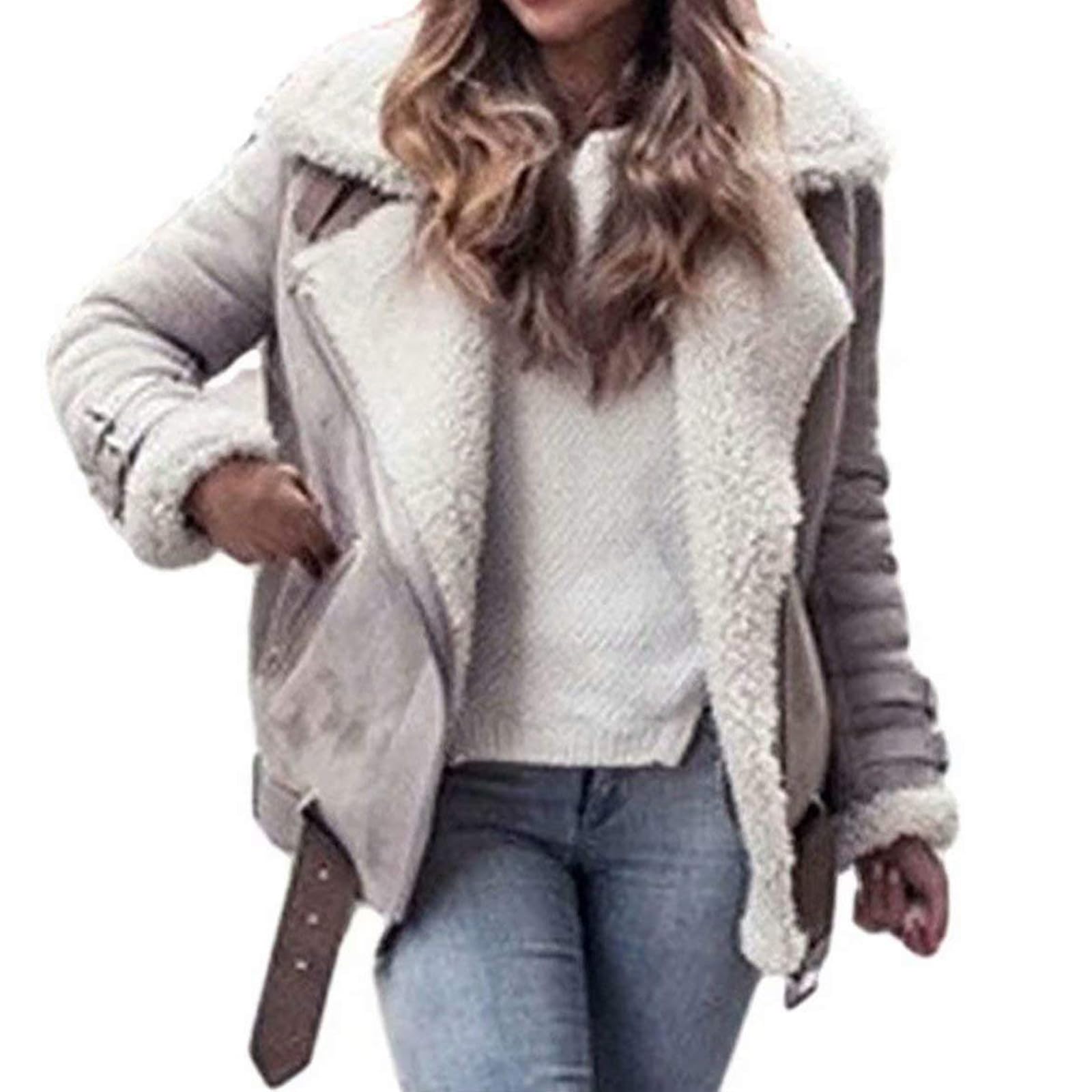 Women Sherpa Lined Coat Lapel Zip Up Winter Thicked Outwear Oversized Leather Faux Suede Fleece Shearling Jacket