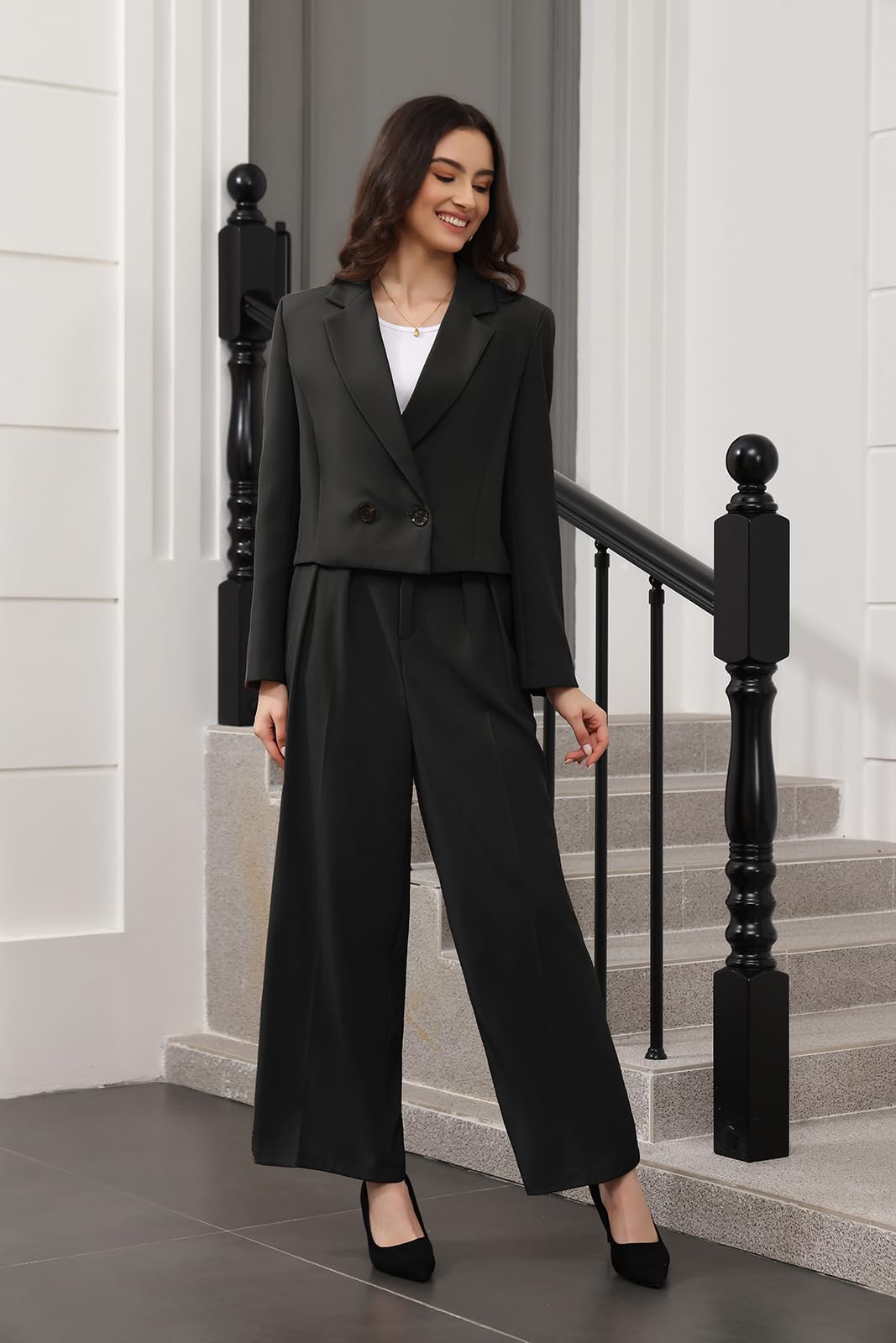 Lamgool Women's Suit 2 Piece Casual Outfits Cropped Blazer High Waisted Wide Leg Pants for Work