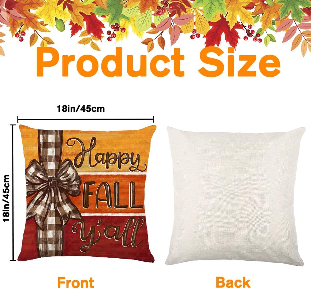 4pcs Fall Thanksgiving Pillow Covers 18x18in, Pumpkin Happy Fall Thankful Grateful Blessed Harvest Leaves Decorations Autumn Seasonal Throw Cushion Case for Farmhouse Home Sofa Couch