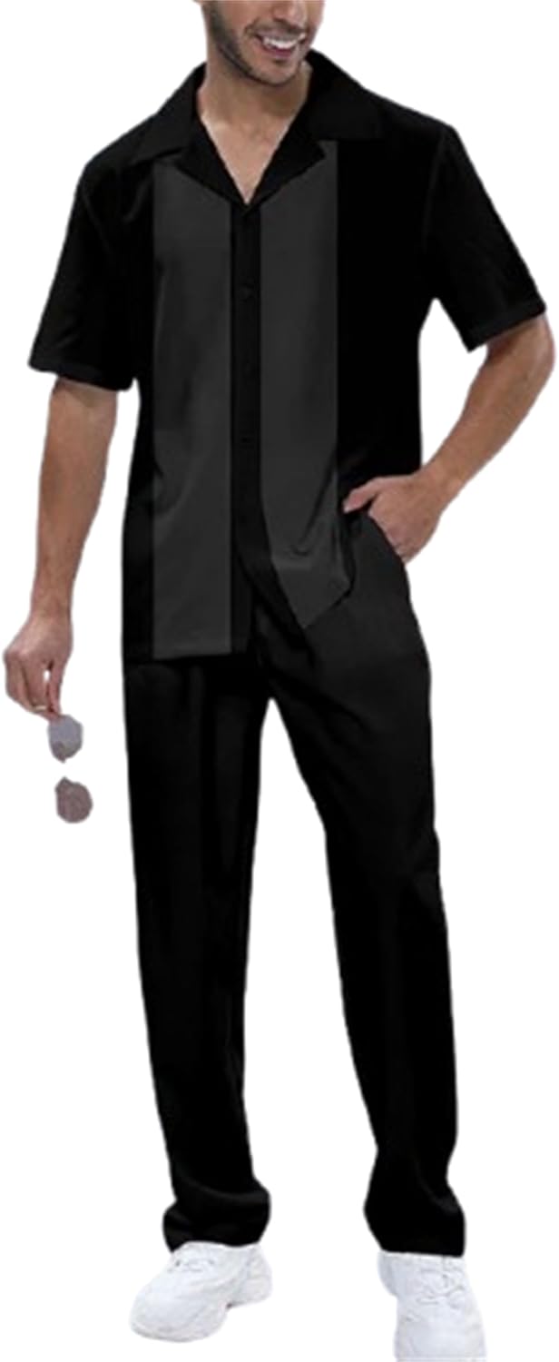 TIFIYA Men's Short Sleeve 2 Piece Leisure Suits,Shirts and Pants Set,Fashion Gentleman Attire Outfits S-5XL