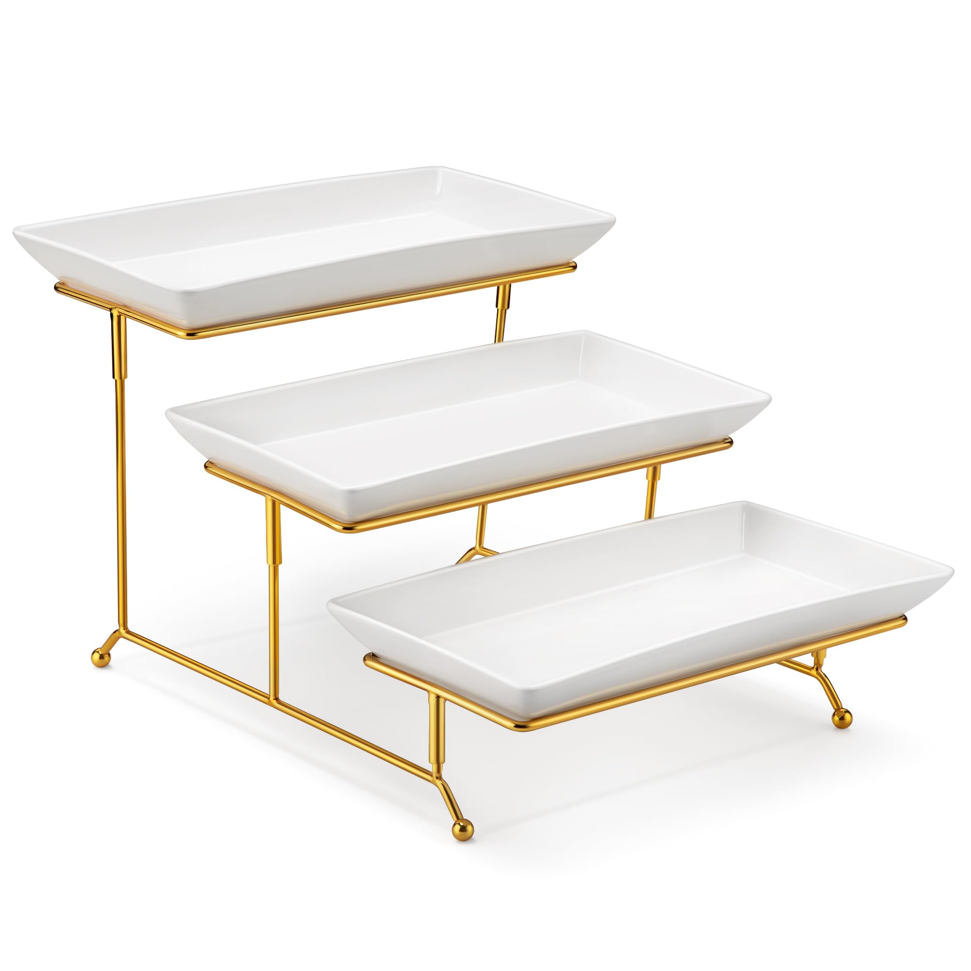 MALACASA 3 Tier Serving Trays for Party, Porcelain Serving Platters and Trays, 12 Inch Tiered Tray Stand, Fruit Tray, Trays for Serving Food, White Dessert Stand with Collapsible Sturdier Metal Rack