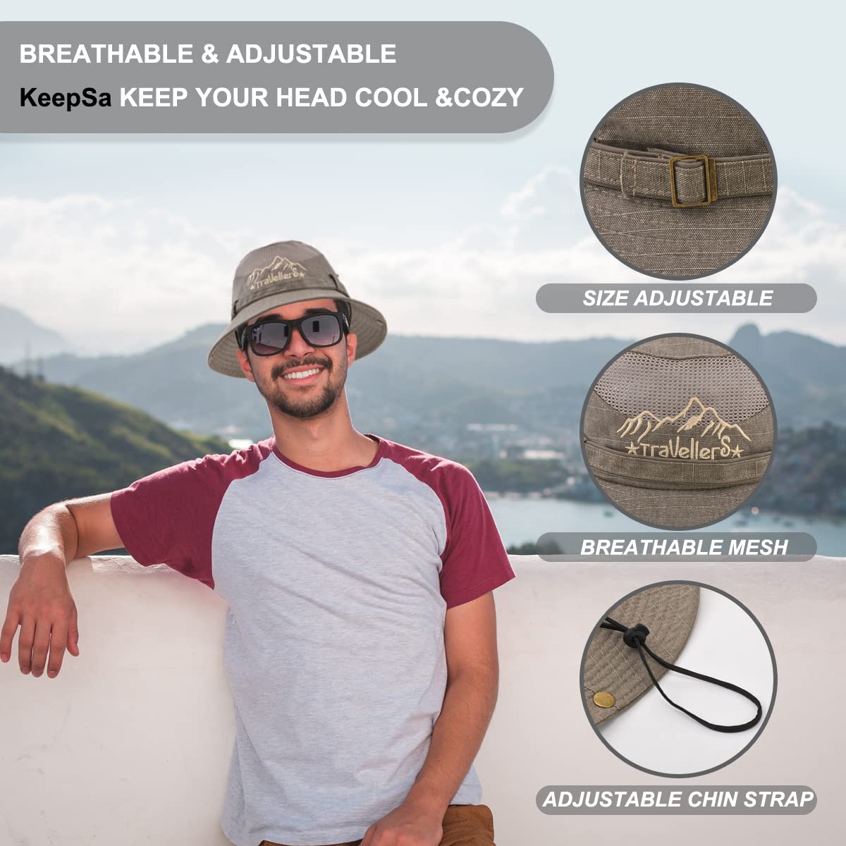 Sun Hat for Men, Cotton Embroidery Summer Outdoor Sun Protection Wide Brim Bucket Hat Foldable Safari Boonie Hat