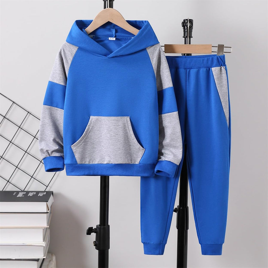 5-11Y Boys Clothes Long Sleeve Hooded Pullover Colorblock Sweatshirt + Pants 2pcs Fall Winter Outfit Set