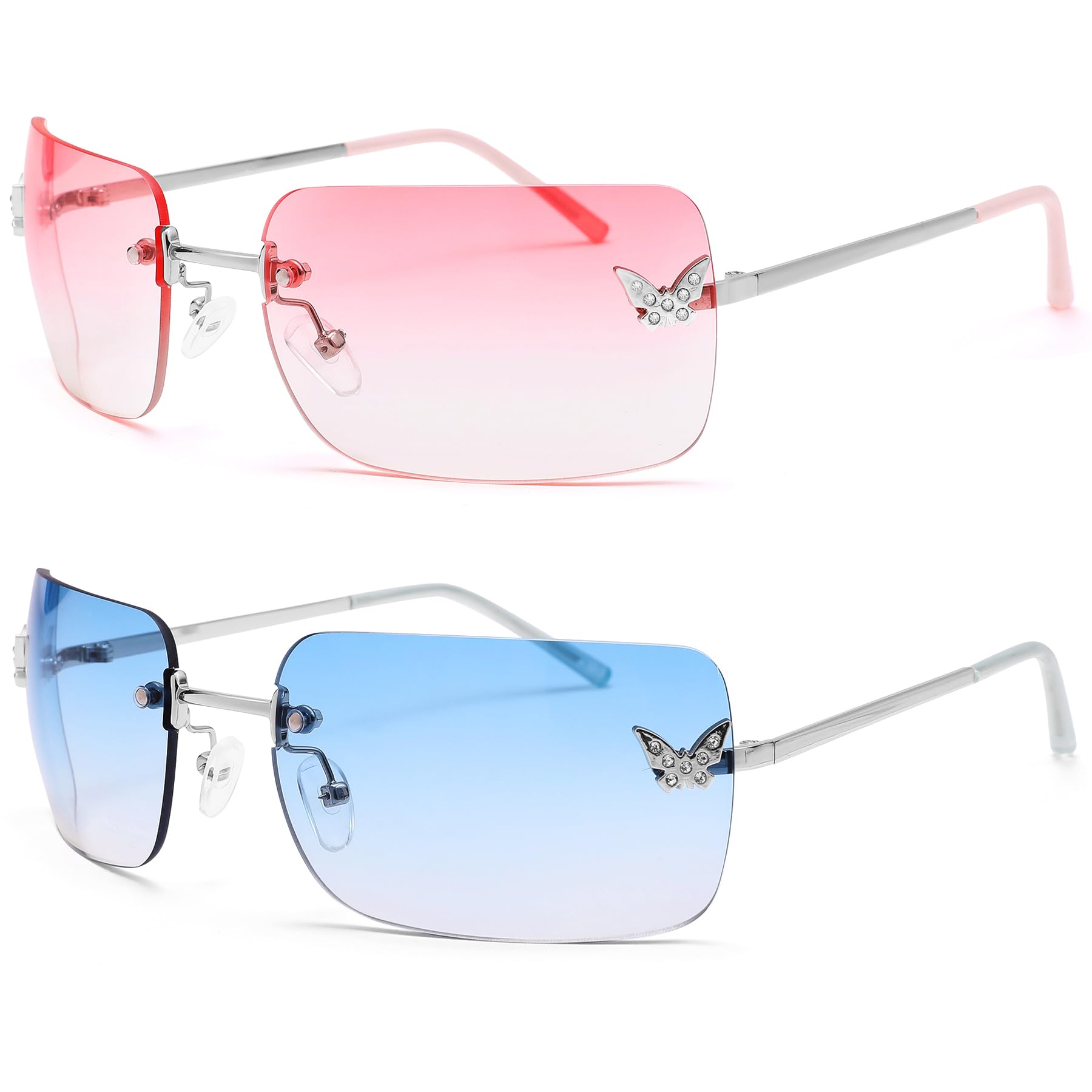 Rectangle Rimless Sunglasses for Women Retro Trendy Square Sun Glasses Vintage Shades