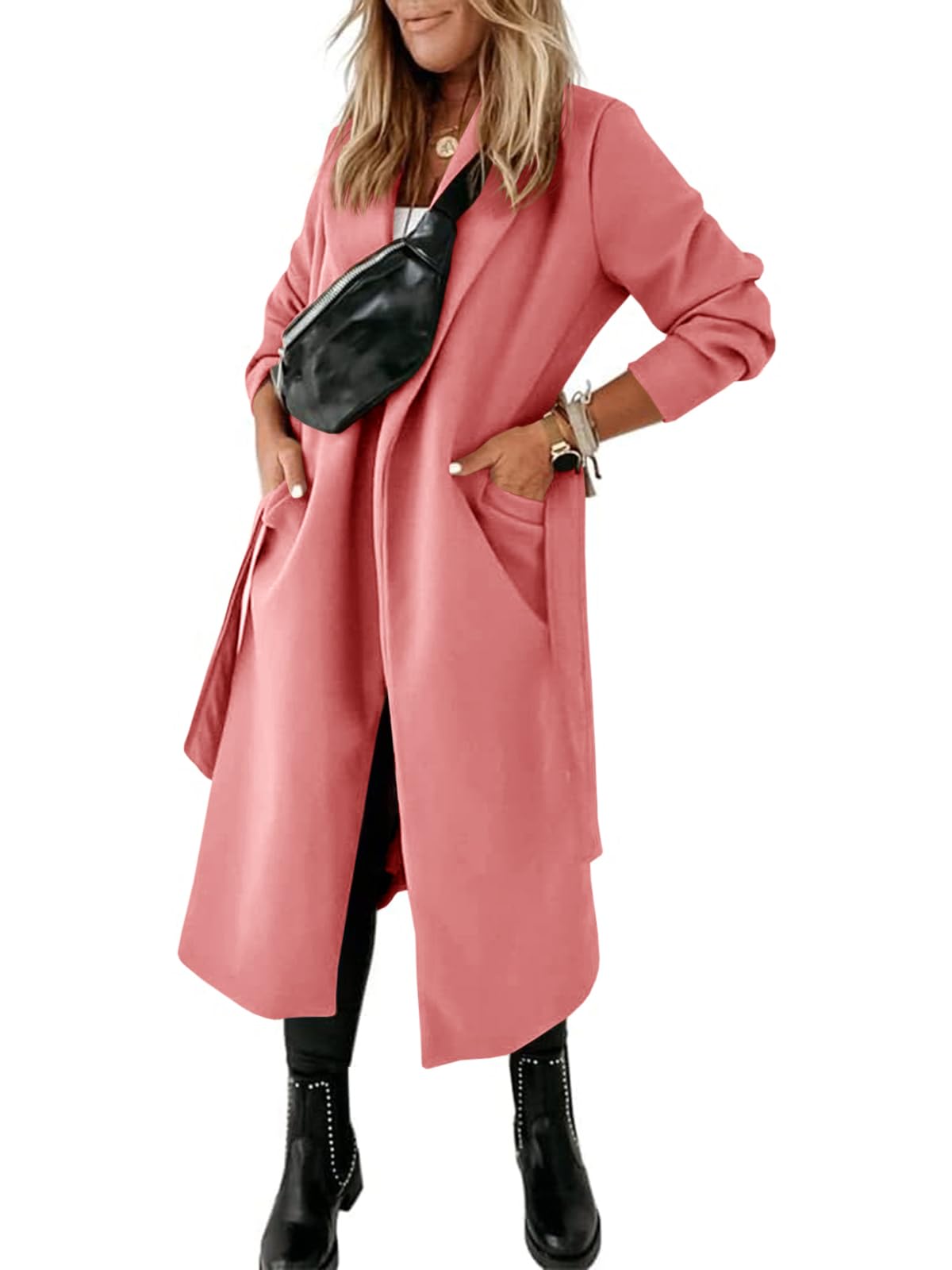 Womens Classic Coat Lapel Collar Open Front Belted Long Jacket