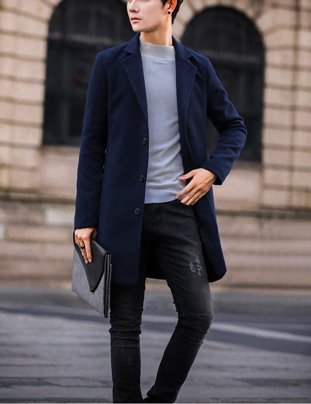 Springrain Men's Wool Blend Pea Coat Notched Collar Single Breasted Overcoat Warm Winter Trench Coat