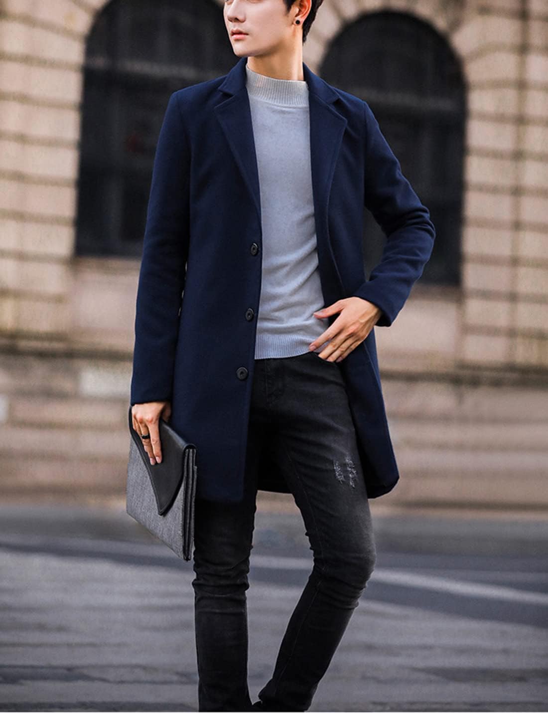 Springrain Men's Wool Blend Pea Coat Notched Collar Single Breasted Overcoat Warm Winter Trench Coat