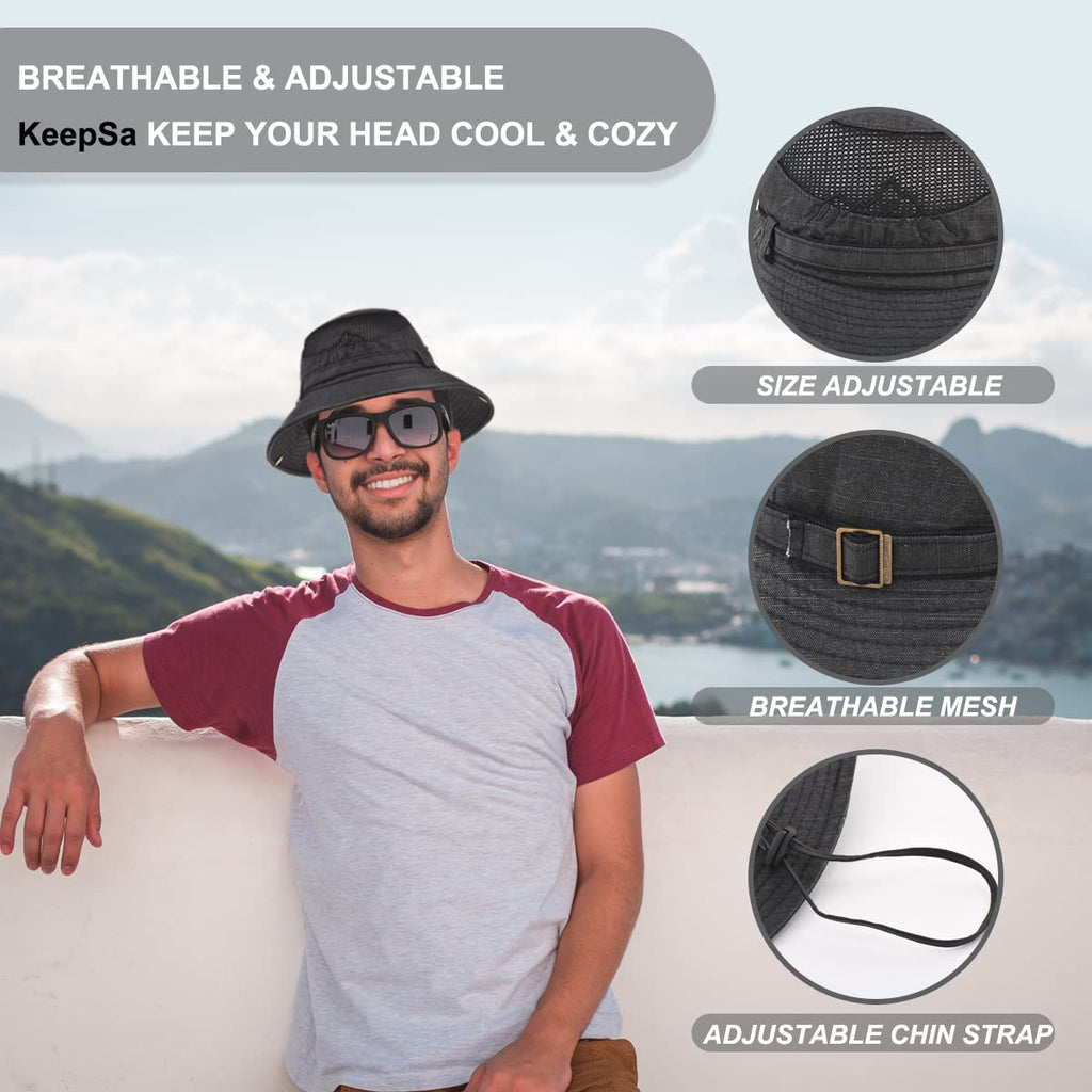 Sun Hat for Men, Cotton Embroidery Summer Outdoor Sun Protection Wide Brim Bucket Hat Foldable Safari Boonie Hat