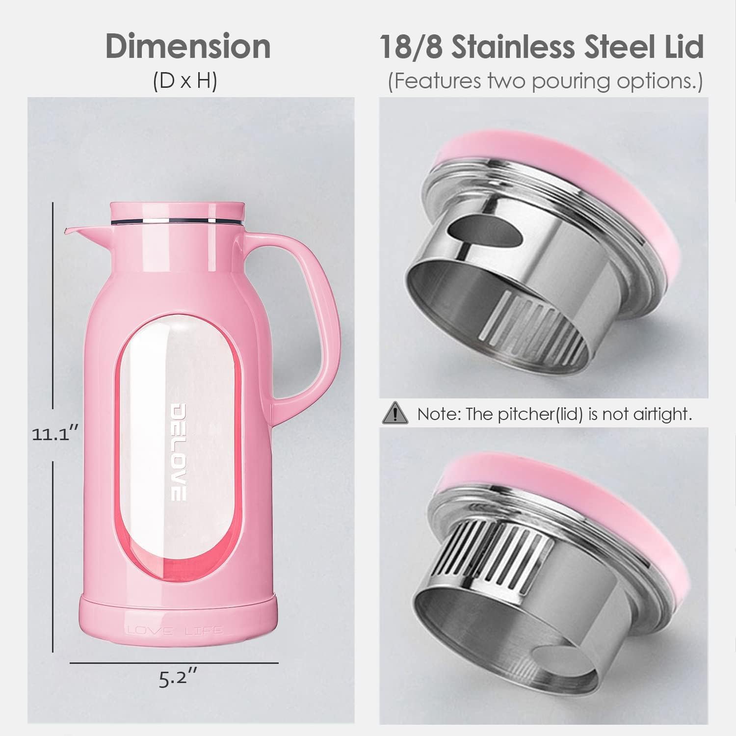 Delove 68 oz/2 Liter Glass Pitcher with Shatterproof Shell - Heat Resistant Glass Liner - Stainless Steel Lid - Carafe & Jug for Iced Tea,Hot/Cold Water,Homemade Juice Beverages (Black)