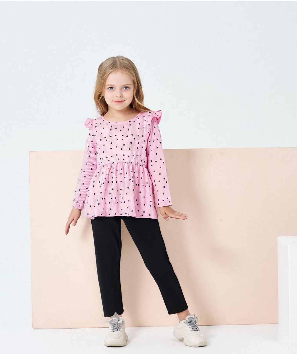 Toddler Girl Clothes Ruffle Long Sleeve Heart Print Tops and Pants 2PC Little Girl Winter Outfits Size (4-7T)