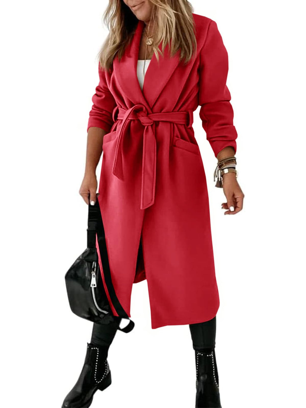 Womens Classic Coat Lapel Collar Open Front Belted Long Jacket