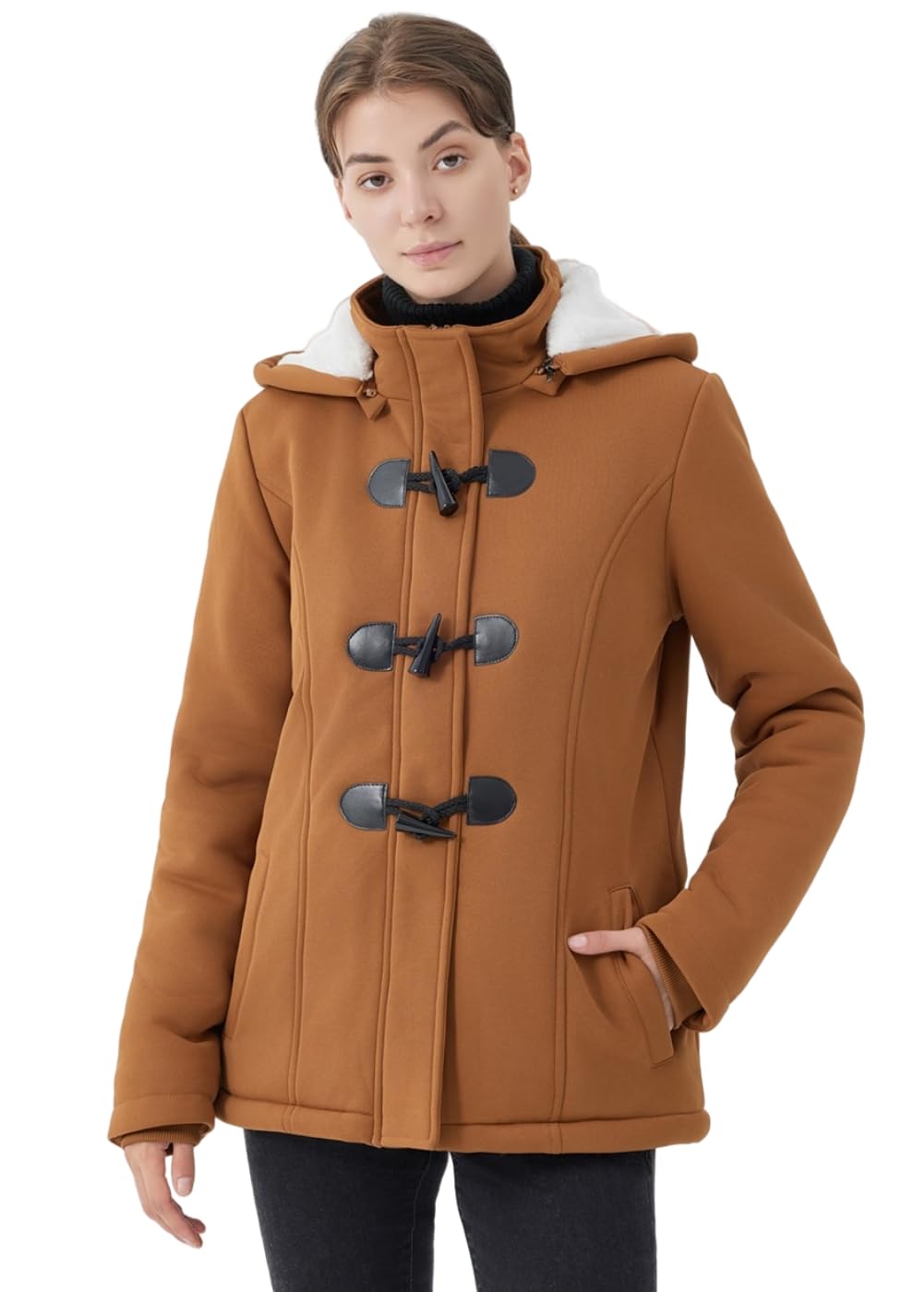 JiangWu Womens Fashion Horn Button Fleece Thicken Coat with Hood Winter Warm Jacket