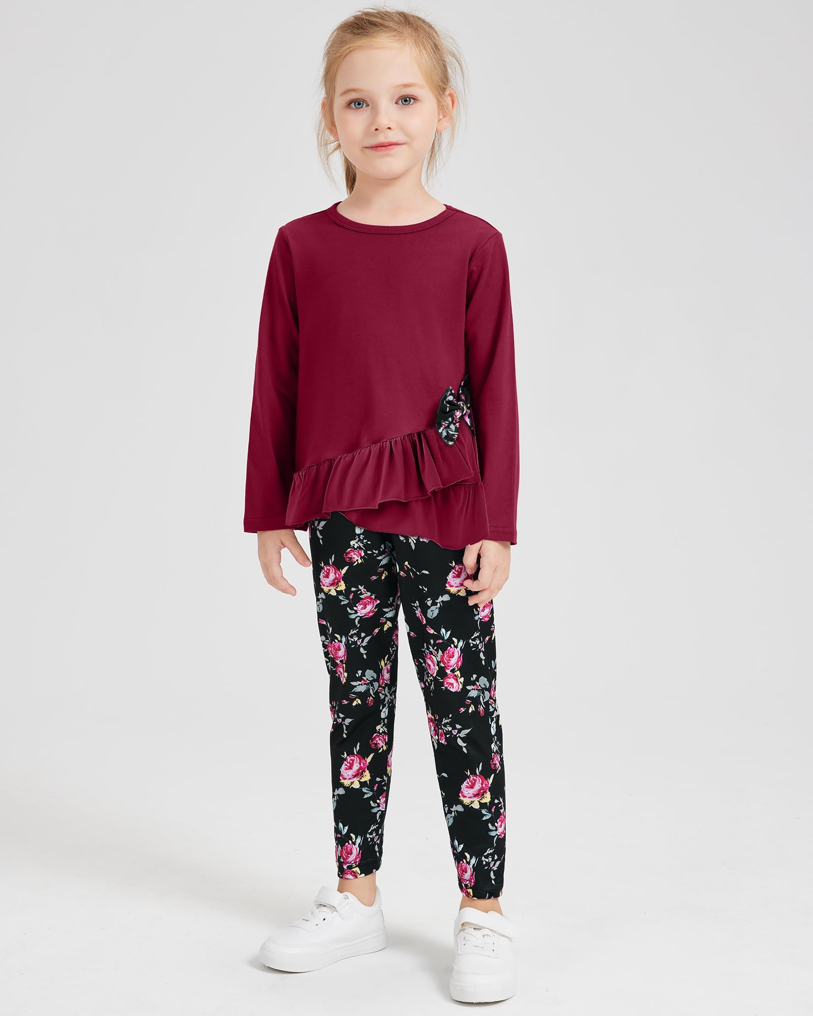 Toddler Girl Clothes 18M-8T Girls Fall Winter Outfit, Long Sleeve Ruffle Bowknot Top + Floral Pants 2Pcs Clothing Set