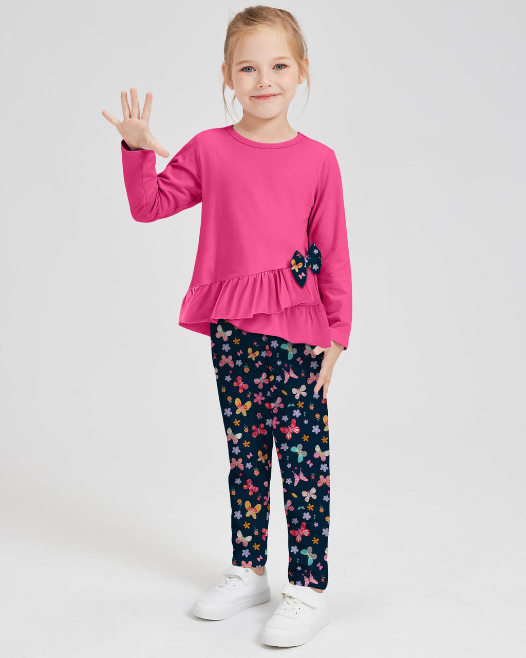 Toddler Girl Clothes 18M-8T Girls Fall Winter Outfit, Long Sleeve Ruffle Bowknot Top + Floral Pants 2Pcs Clothing Set