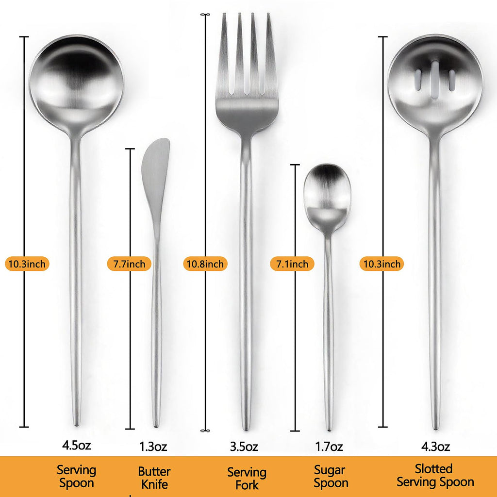 Gold Stainless Steel Serving Utensils Set, 5 Pcs - 10.8 Inch Serving Fork, 10.3 Inch Slotted Spoon, Sugar Spoon, Butter Knife for Buffet